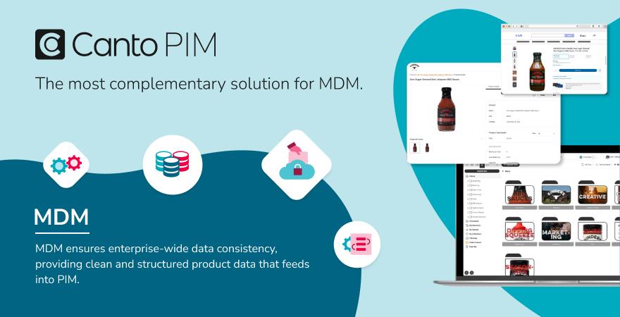 Illustration comparing PIM vs MDM, featuring a laptop displaying a data management interface. Floating elements depict structured product details, channels, and database icons, emphasizing how MDM supports PIM by maintaining data consistency.