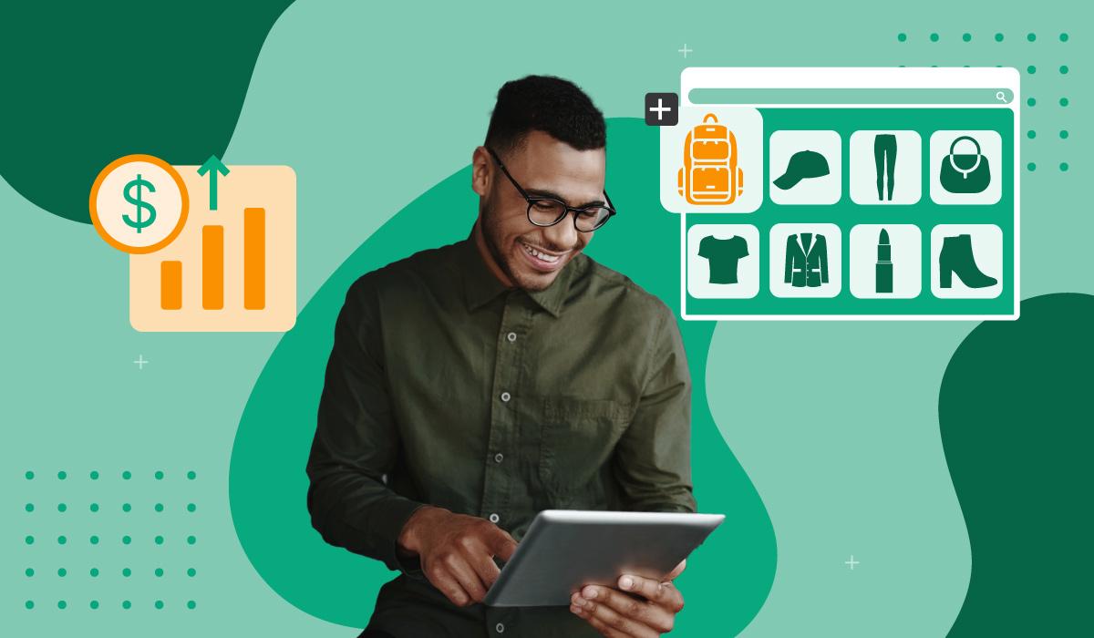 A man using a tablet is overlaid in graphics representing online product categories and sales growth, illustrating the benefits of a strong digital shelf strategy in e-commerce.