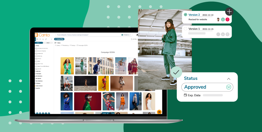 Graphic design example of a fashion advertisement with approval icon and AI branding, showcasing creative asset readiness for e-commerce or marketing use.