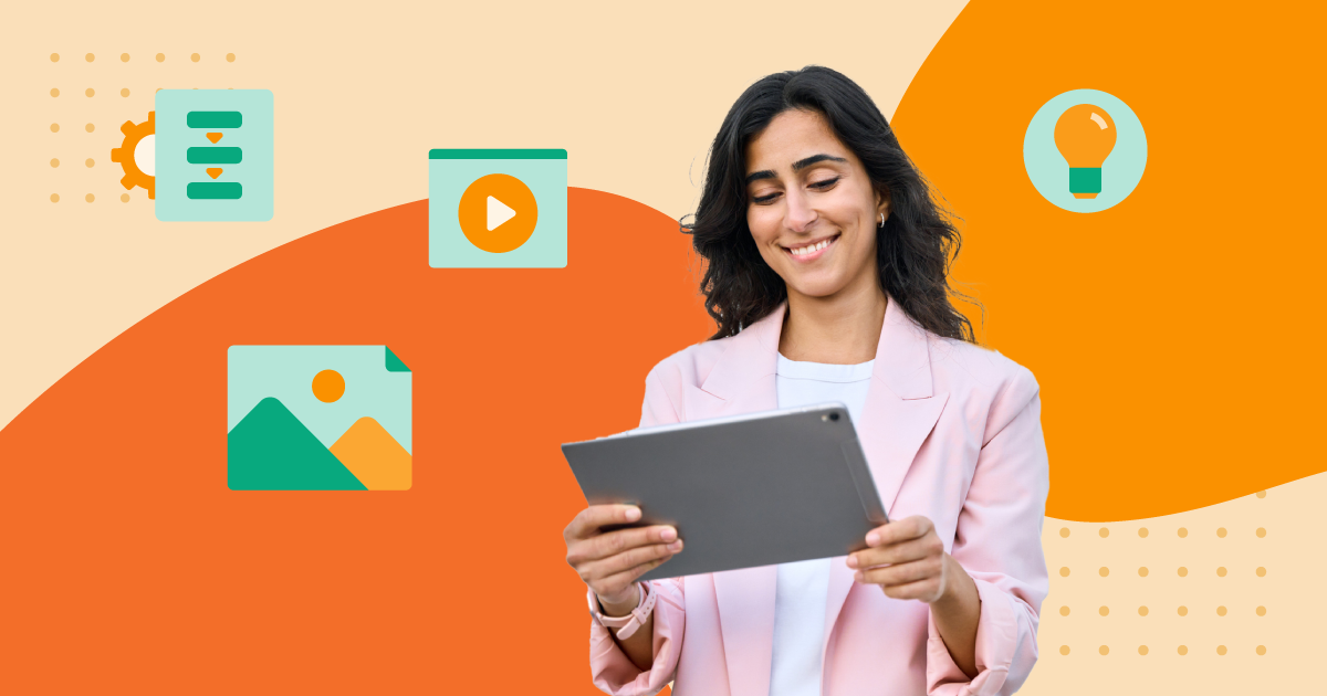 Smiling woman using a tablet against a colorful background with icons representing media files, automation, and creative ideas—symbolizing streamlined media asset workflows.