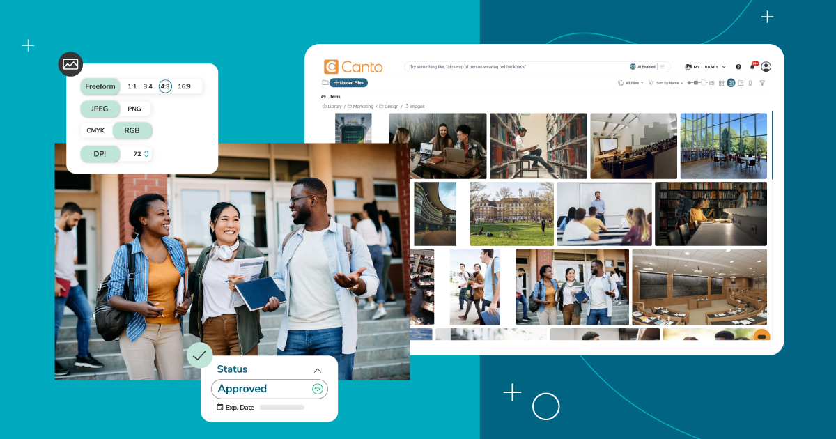 Image of college students within a digital asset management platform over a blue background.