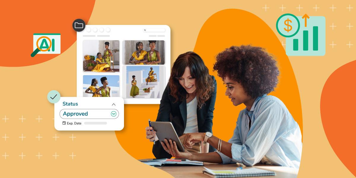 Two women collaborate on a tablet in a modern workspace, reviewing approved marketing assets, with digital overlays showing status updates and AI-powered search. Icons for revenue growth and AI tools emphasize strategic content management amid economic uncertainty.