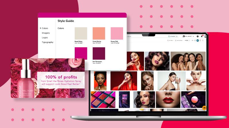 A digital library of sneaker product images is shown with smart search and multi-channel sharing options, emphasizing efficient content management. The scene underscores the importance of streamlined marketing operations during periods of economic uncertainty.