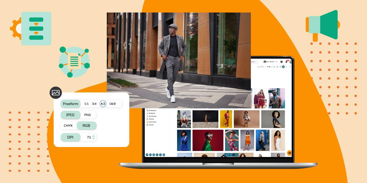 Laptop displaying a visual asset library with fashion photography, surrounded by icons for file formats, aspect ratios, and workflow automation, representing digital tools that drive marketing efficiency through better content management.