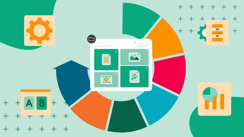 Illustration of a digital asset management dashboard surrounded by colorful infographic elements and icons representing A/B testing, automation, and performance metrics, symbolizing tools that enhance marketing efficiency.