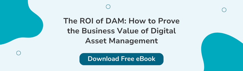 Promotional banner for an eBook on marketing efficiency, titled 'The ROI of DAM: How to Prove the Business Value of Digital Asset Management.' Includes a call-to-action button labeled 'Download Free eBook'.