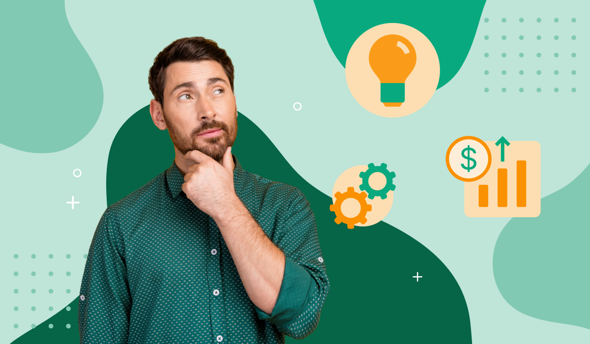 A marketer considering digital asset management ROI, surrounded by icons symbolizing cost savings, productivity, and strategic insights.