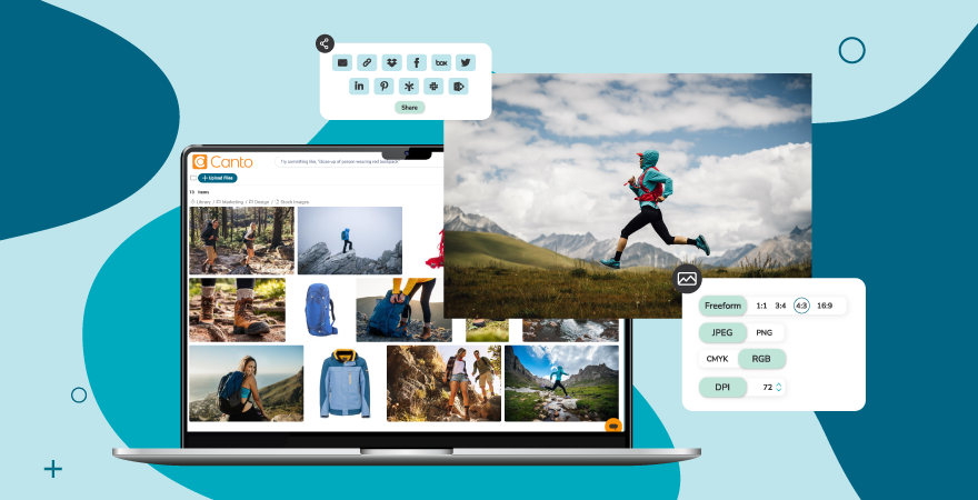 Digital asset management ROI visualized through Canto's platform interface, showcasing efficient asset sharing, format conversion, and content organization for outdoor lifestyle campaigns.