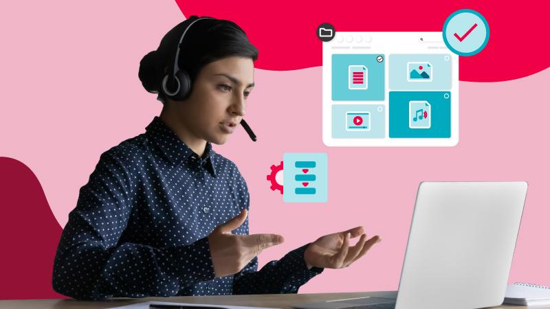 Marketing professional presenting a solution on a video call, addressing leadership objections to software with visuals of organized digital asset workflows and system features.