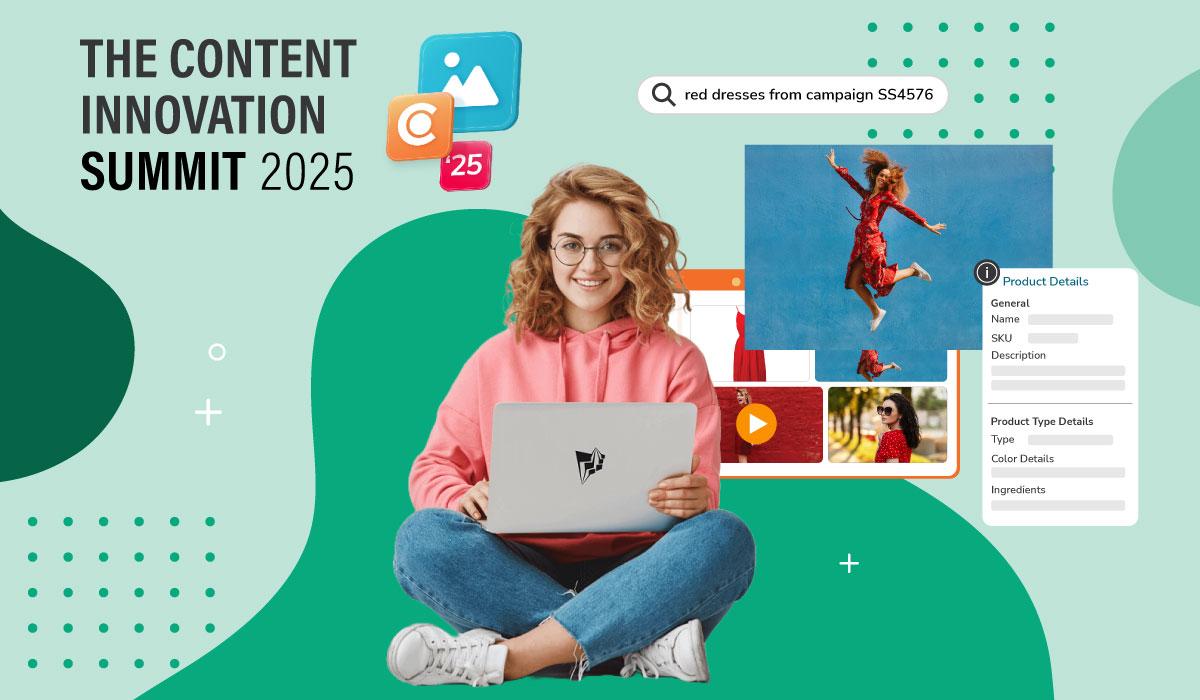 Promotional graphic for the Content Innovation Summit 2025. A smiling woman in a pink hoodie sits cross-legged with a laptop, surrounded by digital asset icons, a search bar reading “red dresses from campaign SS4576,” product detail overlays, and red dress media previews. The image visually represents how content innovation streamlines search, organization, and activation of digital assets across campaigns.