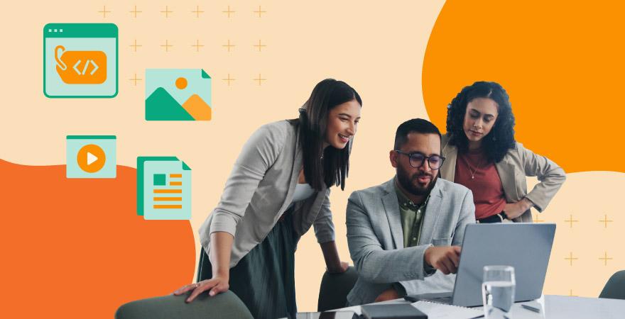 A group of people work on metadata management around a laptop. Different types of files (images, documents, videos) are arranged to the left.