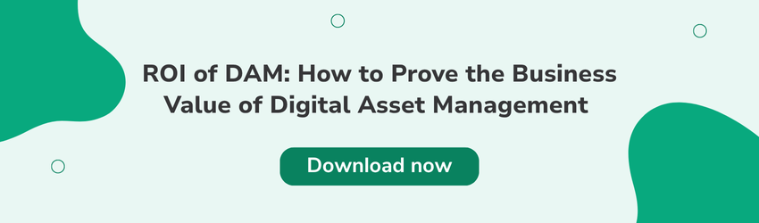 A mint green banner featuring the title “ROI of DAM: How to Prove the Business Value of Digital Asset Management” with a green “Download now” button. Supports understanding how to choose a DAM by focusing on ROI considerations.