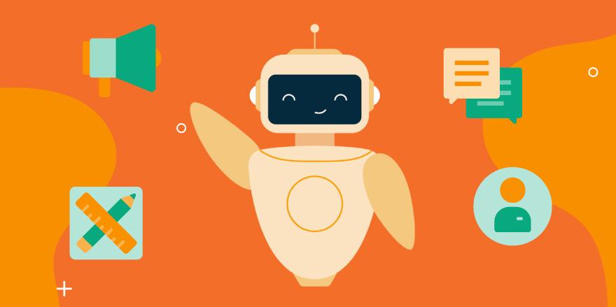 Illustration of a friendly robot surrounded by icons representing communication, creativity, and user interaction—symbolizing the intersection of automation and human expression in strategies on how to humanize AI content.