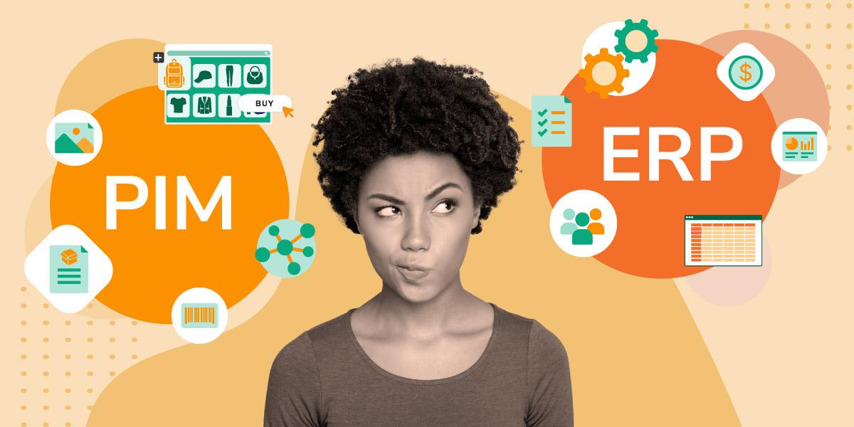 Eine Frau mit nachdenklichem Gesicht vergleicht PIM vs.ERP, umgeben von Symbolen, die Eigenschaften beider Systeme darstellen.