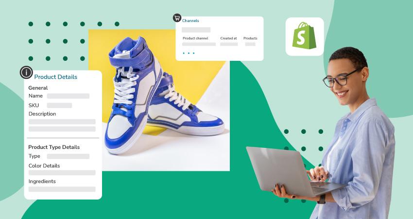 An image of a woman on a laptop and an image of a pair of blue sneakers with other product information and channel information over a green background.
