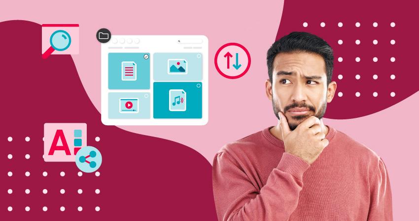 A man thinking about DAM software for brand management, efficient asset search, and faster ingestion and delivery over a red background.