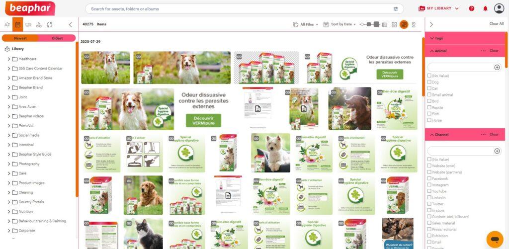 Beaphar's Canto library filtered to show images of pet products and promotions.
