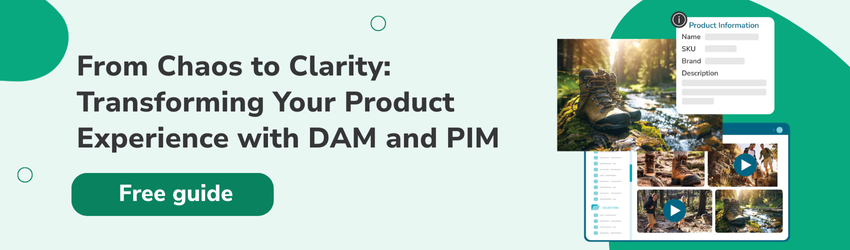 Image of shoes being sold online with Canto DAM for Products interface and text "From Chaos to Clarity: Transforming Your Product Experience with DAM and PIM" and button "Free guide" over a green background.