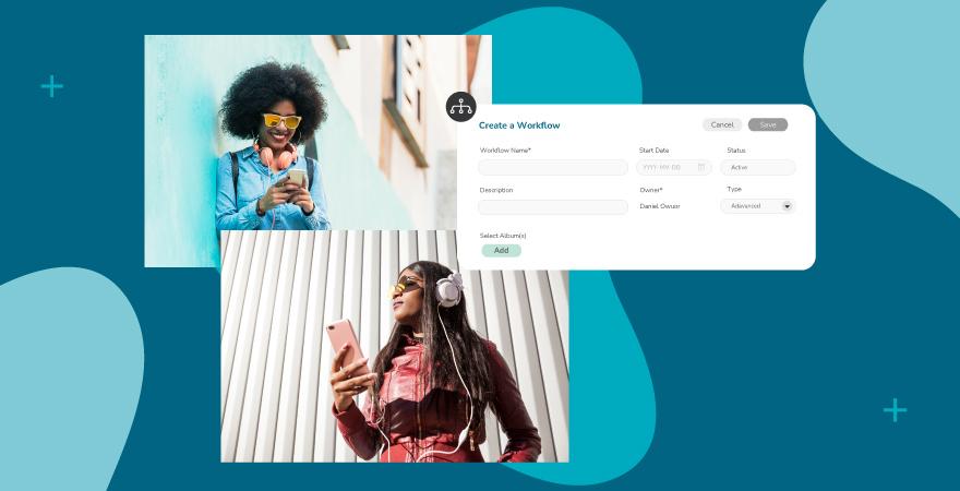 Blue background with an icon showing a digital asset management workflow being created to follow best practices and improve organization.