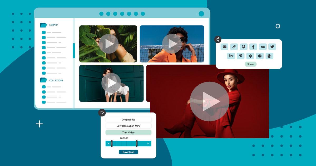 A video asset management library like Canto DAM full of videos with sharing and trimming tools overtop a blue background.