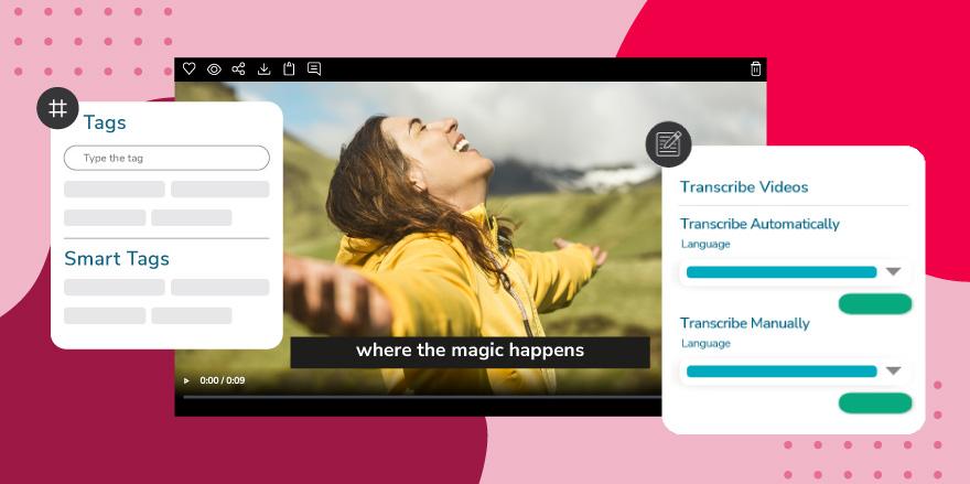 Video clip of a woman with her arms outstretched toward the sky happily and Canto DAM Smart Tags and automatic transcription overtop a red background.