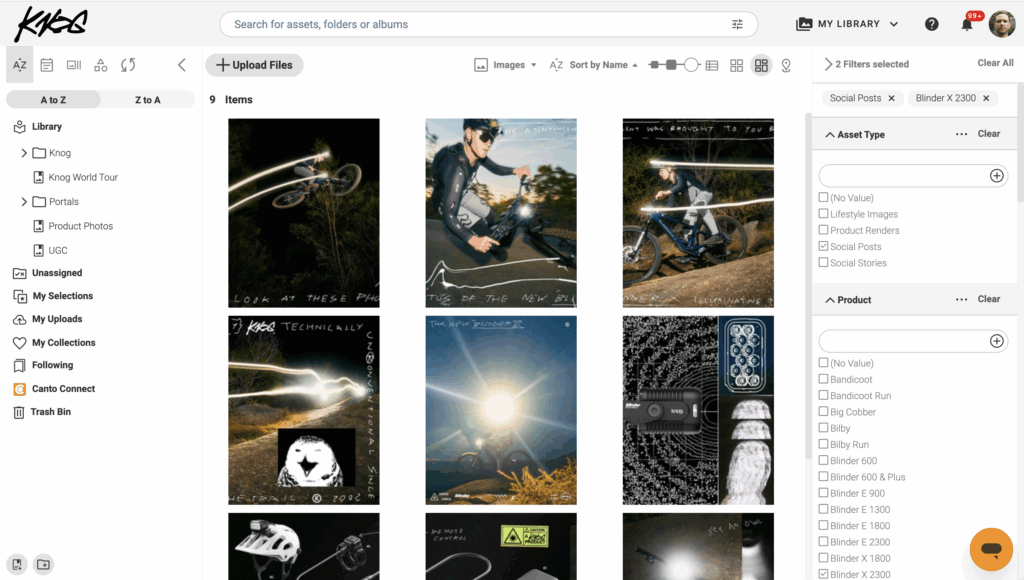 A preview of Knog's product-specific social content in Canto.
