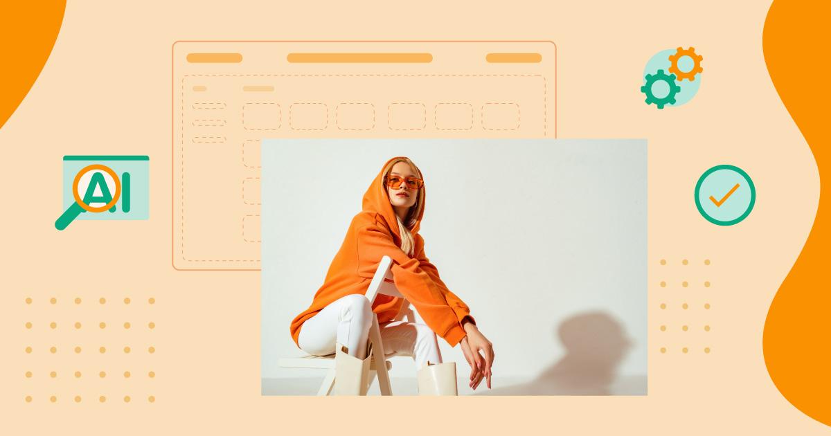 Fashion brand workflow example showing a model in an orange hoodie, used to illustrate how AI-powered digital asset management streamlines content operations for creative teams.