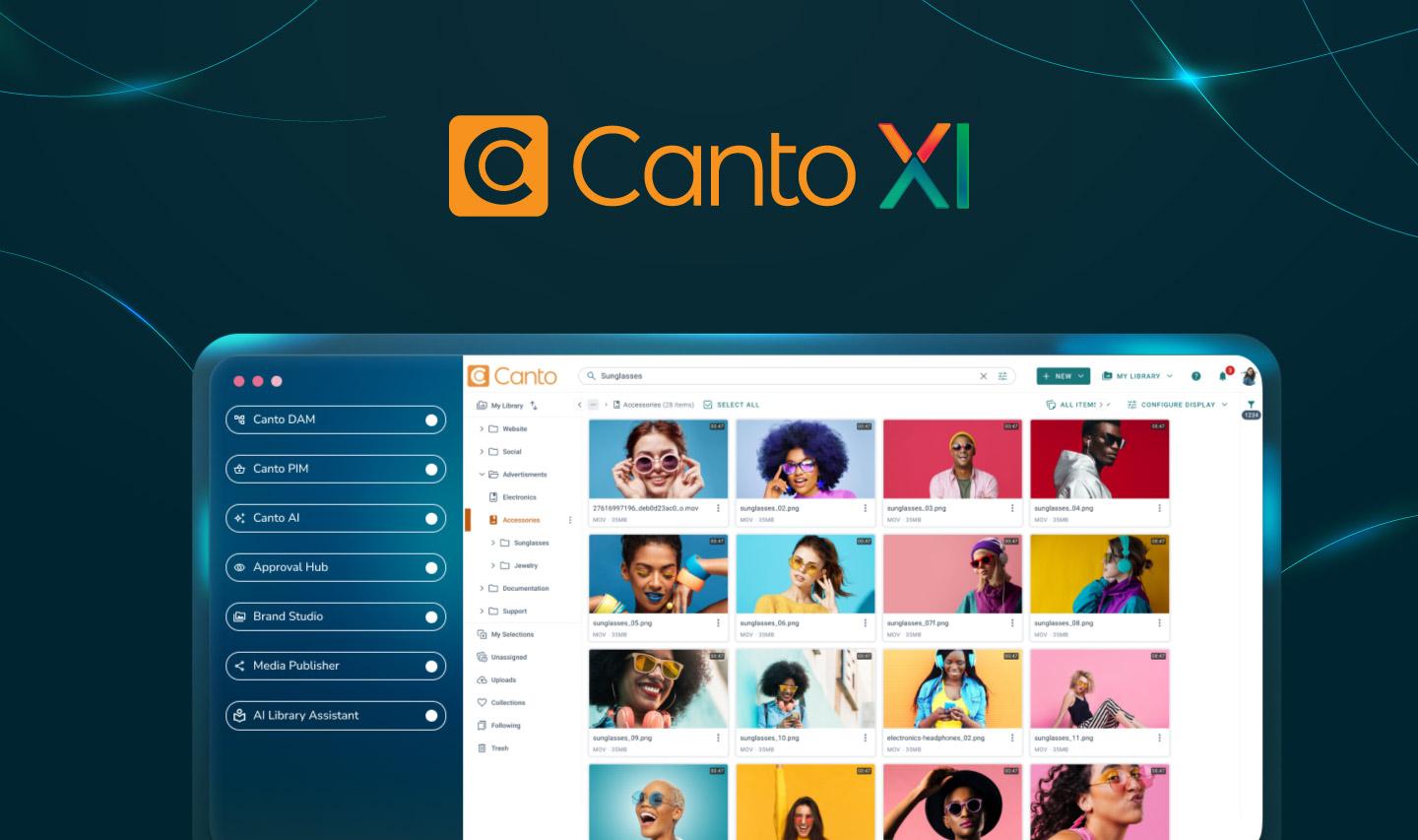 Canto XI logo overtop of the new Canto XI library, with specific buttons for new workflow enhancements on the left and images of models inside the library overtop of blue background.