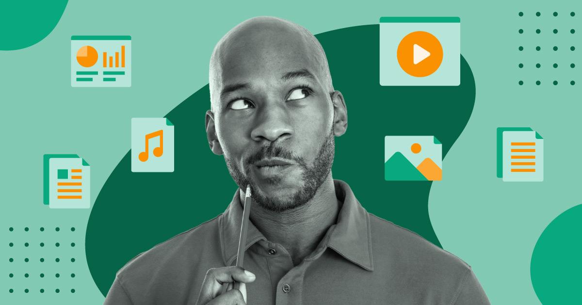 Mann denkt über digitale Assets nach; Logos, Bilder und Dokumente schweben um ihn herum.