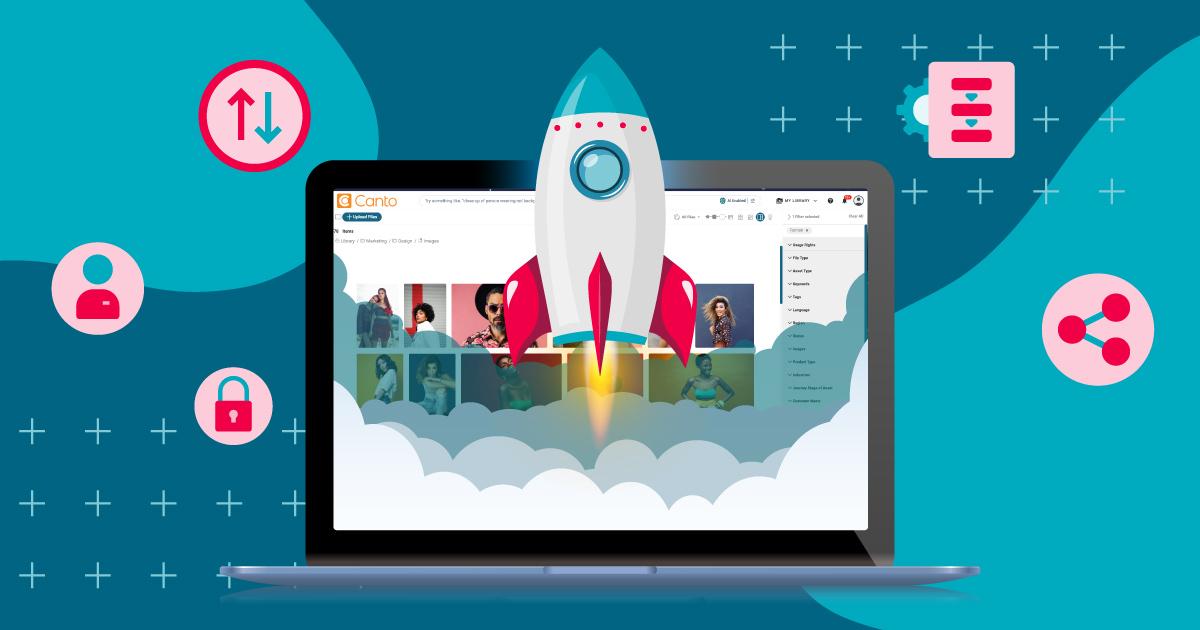 Das Titelbild der Glossarseite zeigt eine Rakete, die vor einem Laptop mit einem DAM-System auf dem Bildschirm abhebt.