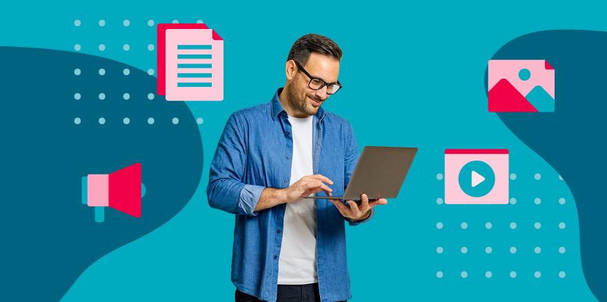 Marketer using AI marketing tools on a laptop to manage digital content, surrounded by icons representing images, videos, and documents.