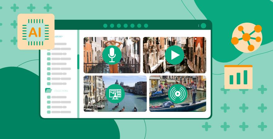 Image showing an example of MarTech - digital asset management library full of images, videos, audio files, and more over a green background with AI, graph, and ecosystem icons.
