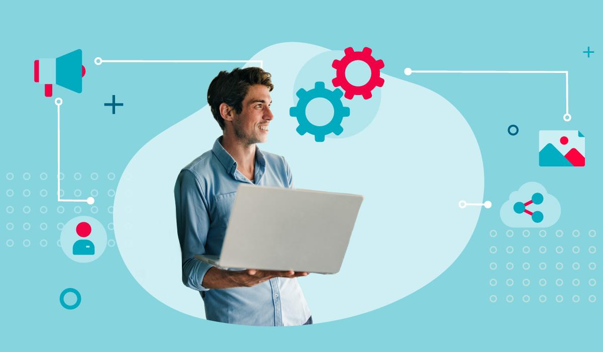 Image of a happy man holding a laptop with a gears icon near him indicating he is thinking about what MarTech is over a blue background.