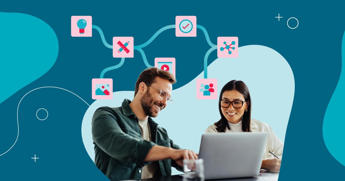 Creative team collaborating using a digital asset management workflow, with icons representing content ideation, content production, AI tools, team collaboration, and project approvals float above a blue background.