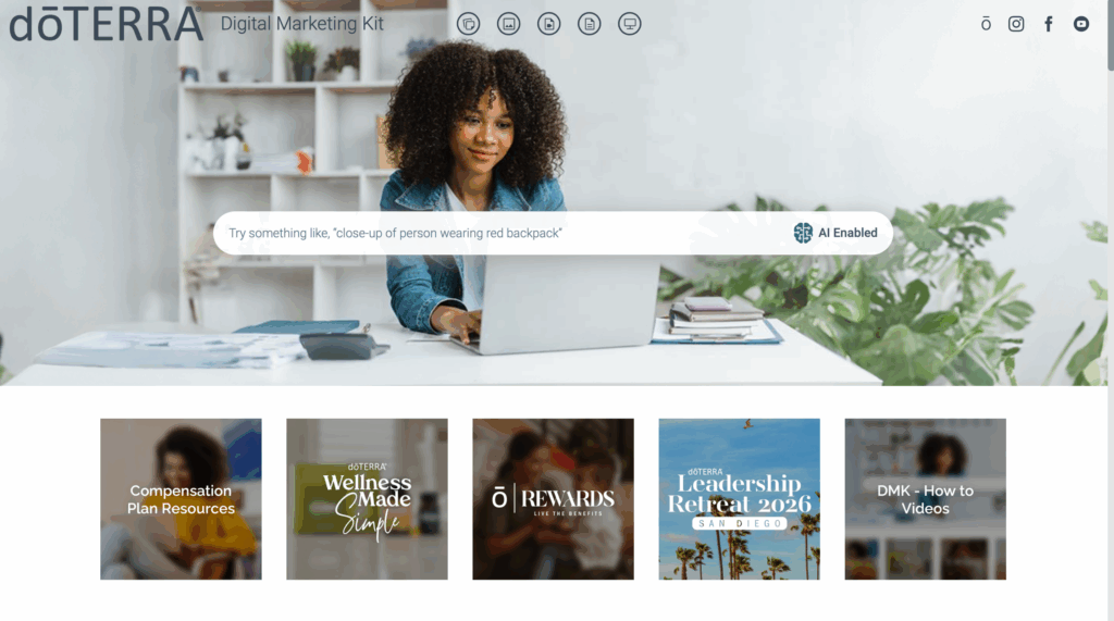 doTERRA's Digital Marketing Kit portal, filled with social assets, class materials, product imagery, and more.