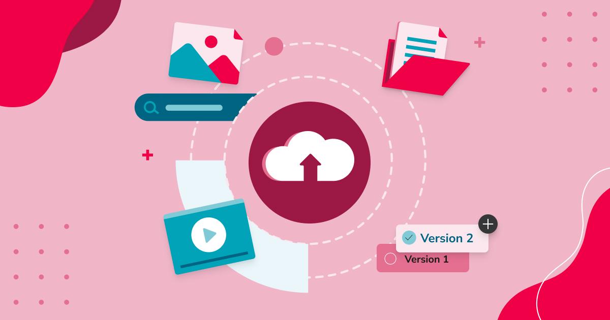 Infografik zeigt symbolisch die Versionsverwaltung digitaler Assets in einem cloud-basierten DAM-System.