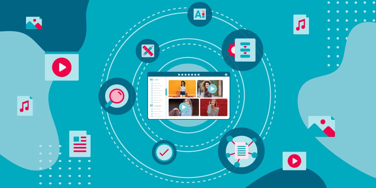 Digital Asset Management-Bibliothek umgeben von Icons verschiedener digitaler Content-Typen für effizientes Content Management.