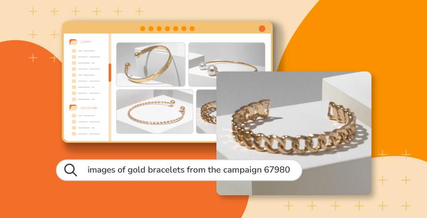 Images of gold bracelets from a digital asset library with a search bar that reads "images of gold bracelets from the campaign 67980 over an orange background.