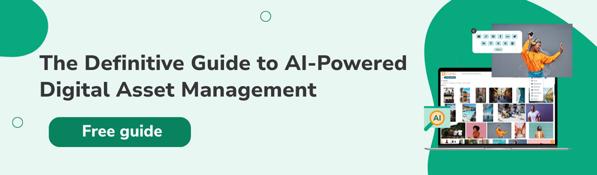 Green banner with text saying "The Definitive Guide to AI-Powered Digital Asset Management" and button "Free guide" with an image of a digital asset library and sharing an image.