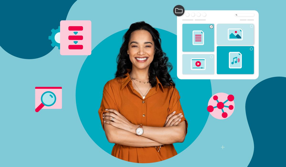 Woman in an orange shirt is center frame with her arms crossed on blue background, icons like search bars, settings, and pages circle the woman