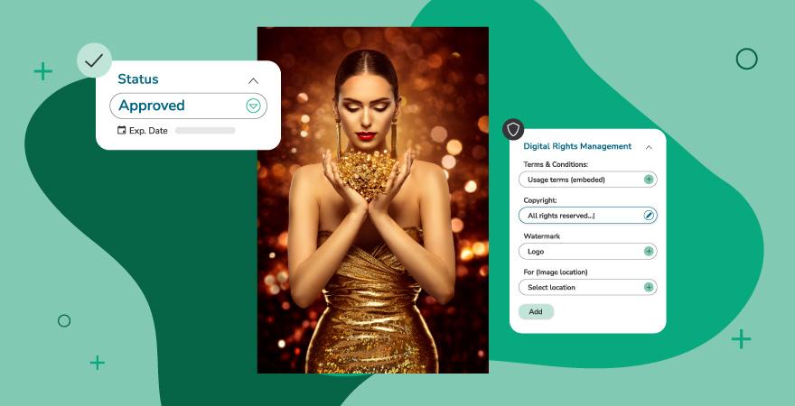 Green background with an image of a woman in gold and an approved status in the search bar with meta data options on the right