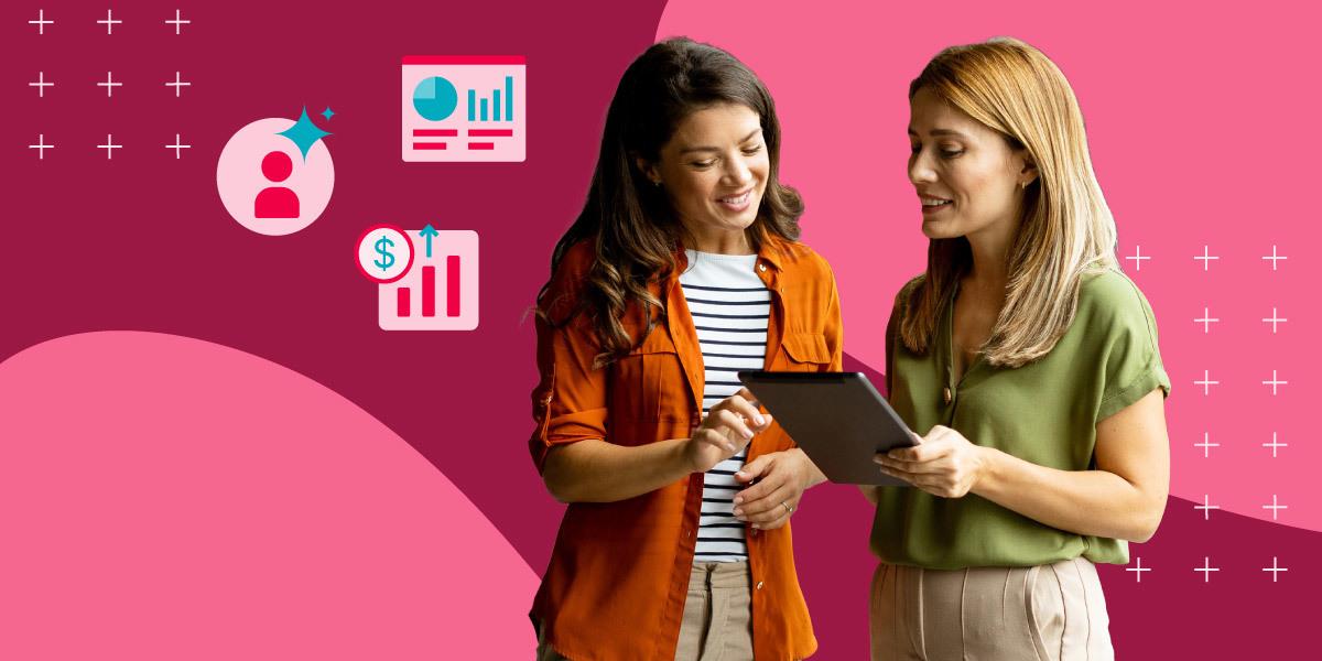 Image showing two content professionals reviewing analytics on a tablet, representing digital content trends 2026 and how data-driven insights impact content performance and ROI.