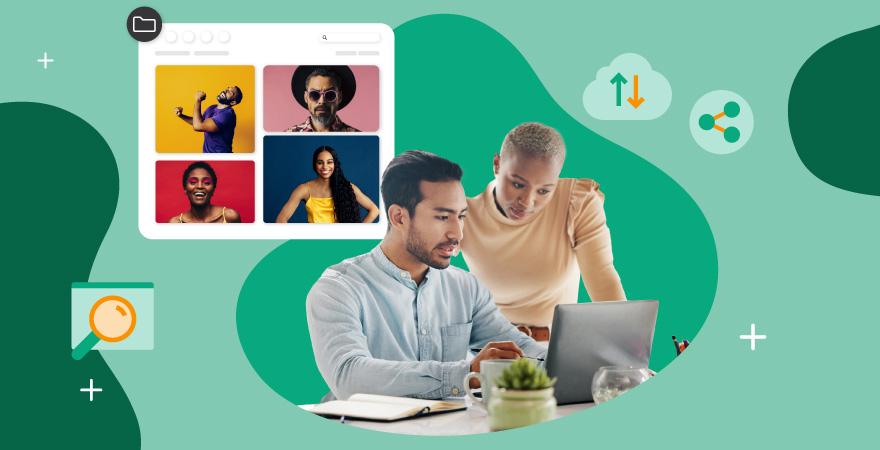 Man and women looking through image library on green background with cloud icons with different images of arrows, folders and magnifying glasses