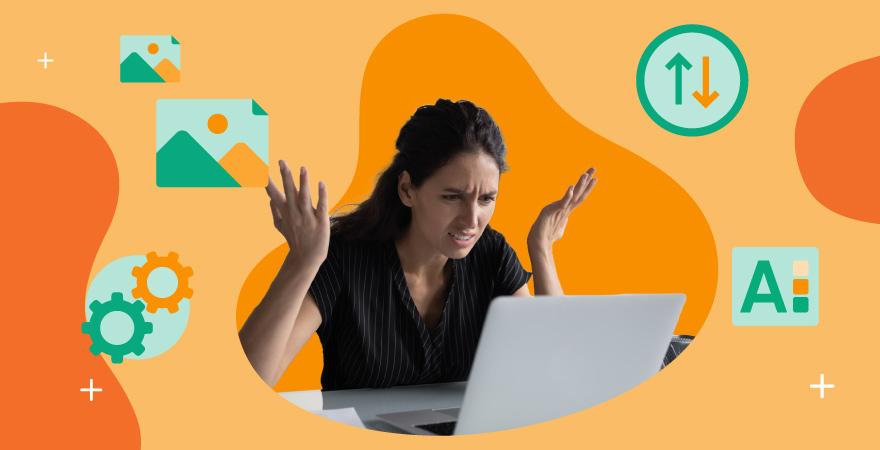 A woman looking concerned on laptop with green icons of images, gears and styleguide over an orange background