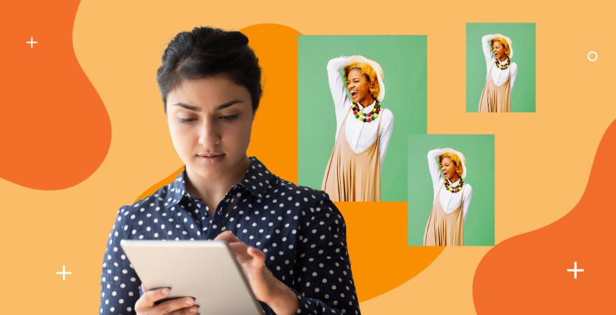 A woman in a polka dot skirt on a tablet with a three layered image of a model over a green backdrop all over an orange background.