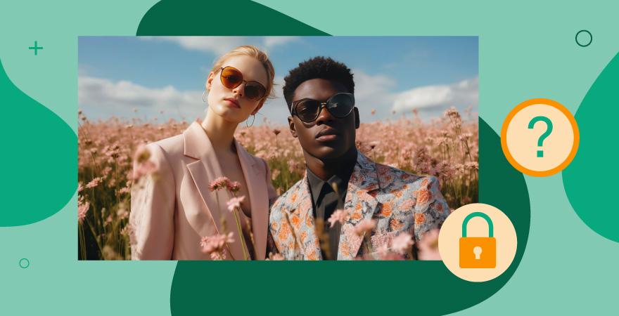 An image of two models in a field of pink flowers with orange icons of a lock and question mark all over a green background.