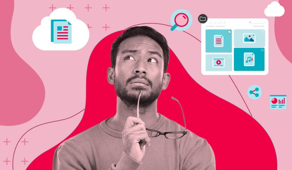 A man thinking about dam vs. cloud storage capabilities over a red background.