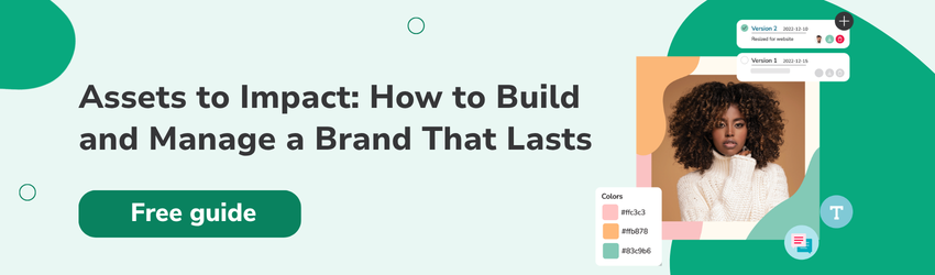 A green canto banner with text that reads: "assets to impact: how to build and manage a brand that lasts - free guide" and an image of a model in a cream sweater with version control and colorguide floating around all over a green background