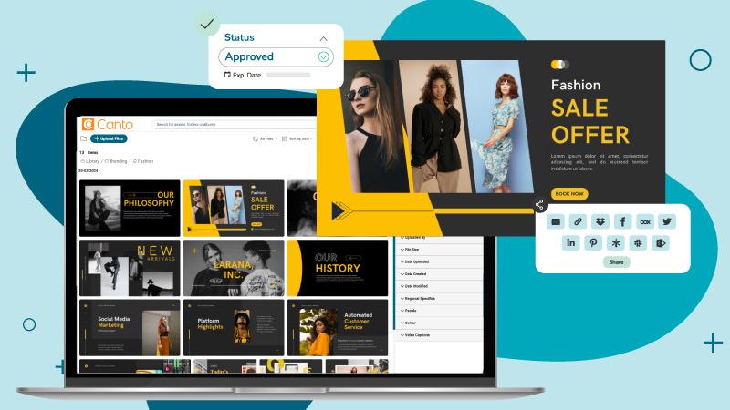 An image of a laptop with a fashion companies DAM and a layered image of a fashion style guide with an approval status and sharing options all over a blue background.