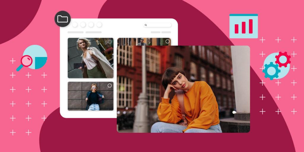 images of models in a DAM system with one image of a model in an orange sweater in the forefront with icons of magnifying glass, gears and graph over a red background.